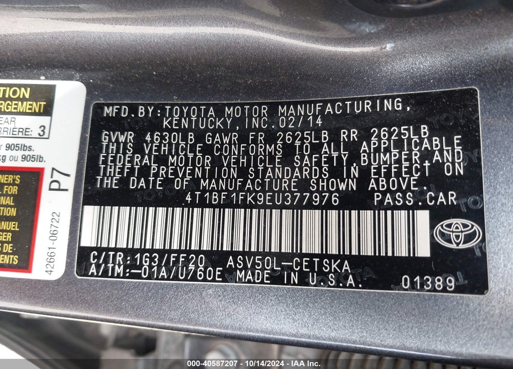 2014 TOYOTA CAMRY SE VIN: 4T1BF1FK9EU377976