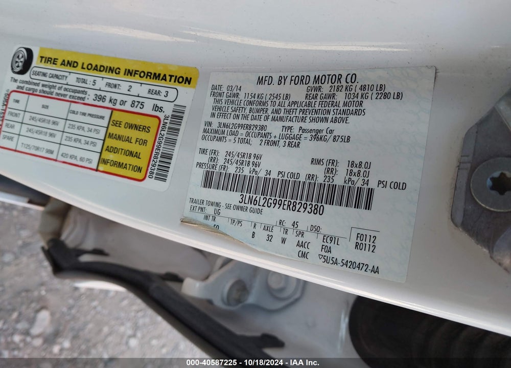 2014 LINCOLN MKZ VIN: 3LN6L2G99ER829380