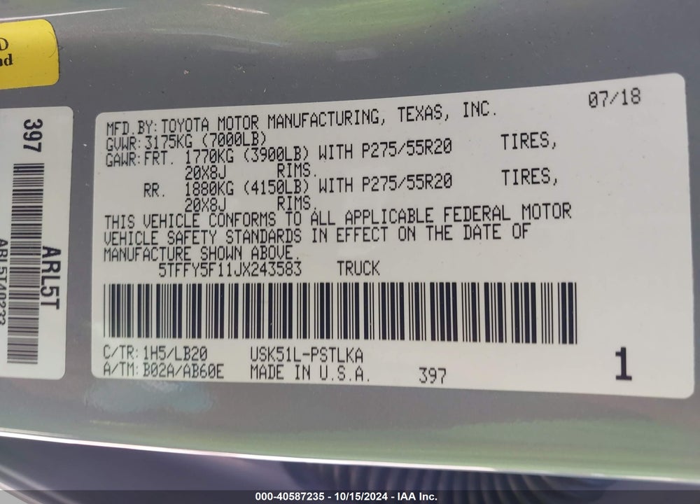 2018 TOYOTA TUNDRA LIMITED 5.7L V8 VIN: 5TFFY5F11JX243583