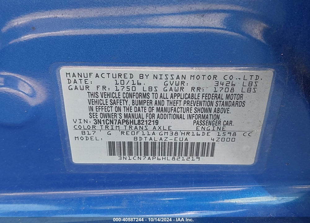 2017 NISSAN VERSA 1.6 S+ VIN: 3N1CN7AP6HL821219