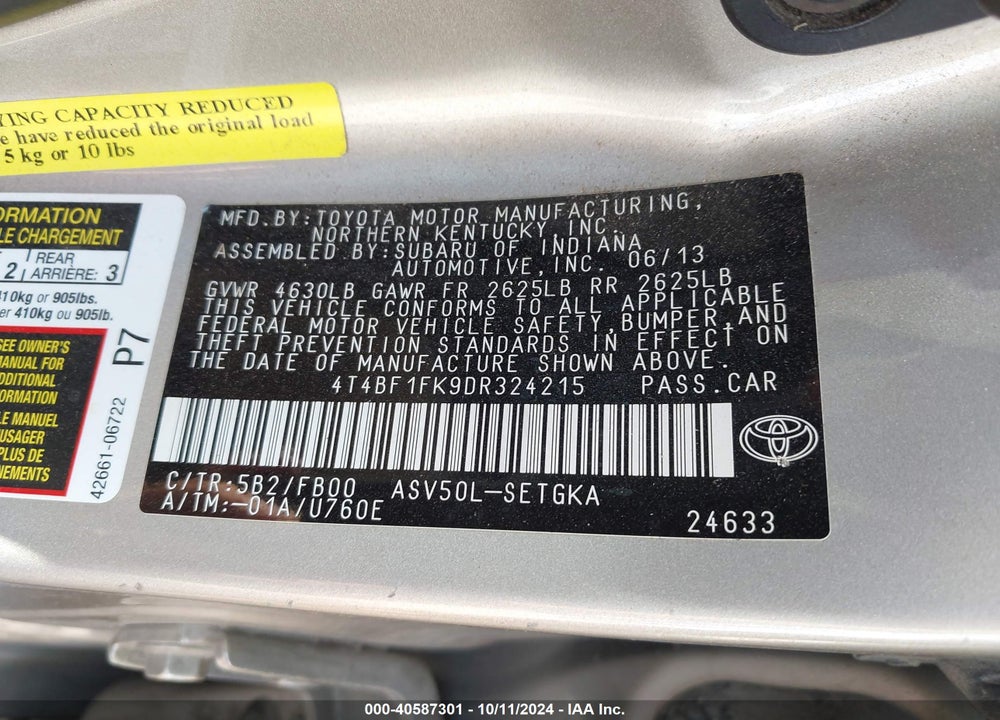 2013 TOYOTA CAMRY XLE VIN: 4T4BF1FK9DR324215