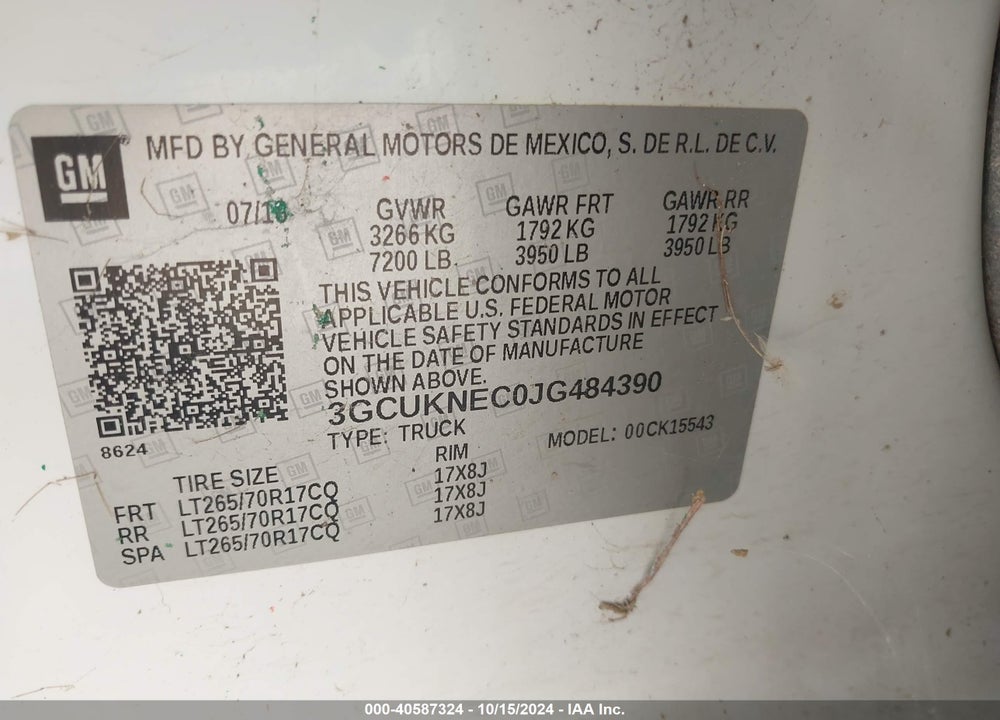 2018 CHEVROLET SILVERADO 1500 WT VIN: 3GCUKNEC0JG484390