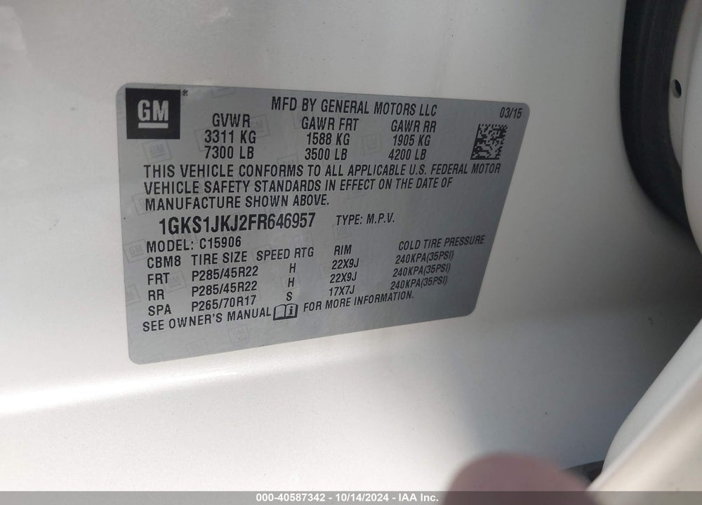 2015 GMC YUKON XL 1500 DENALI VIN: 1GKS1JKJ2FR646957