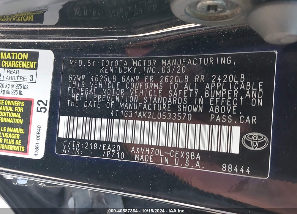 2020 TOYOTA CAMRY SE HYBRID VIN: 4T1G31AK2LU533570