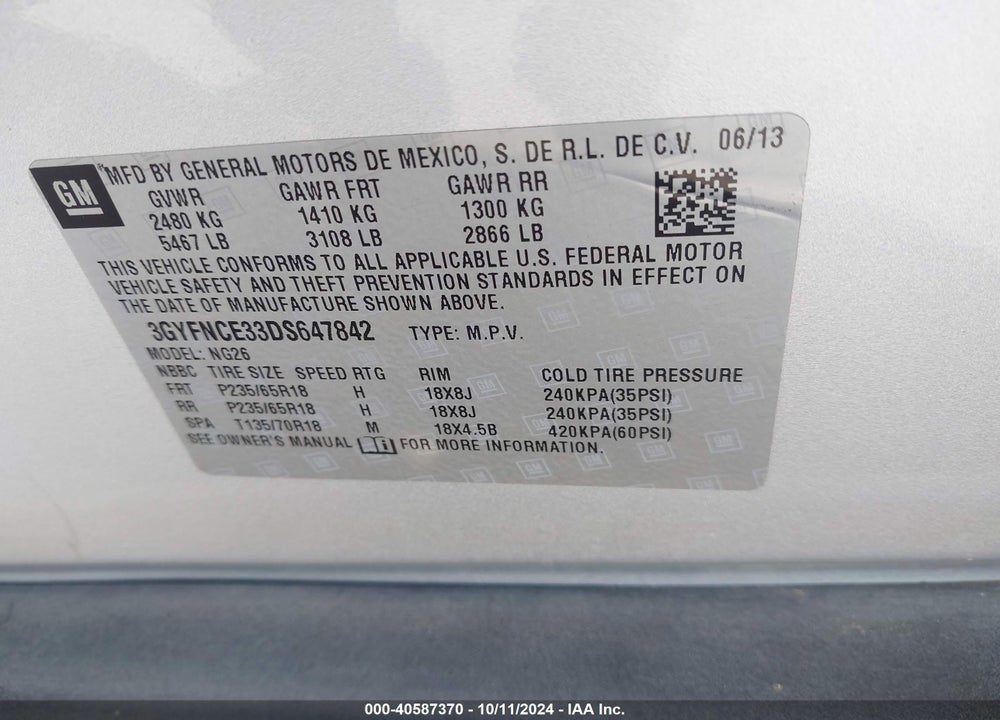 2013 CADILLAC SRX LUXURY COLLECTION VIN: 3GYFNCE33DS647842