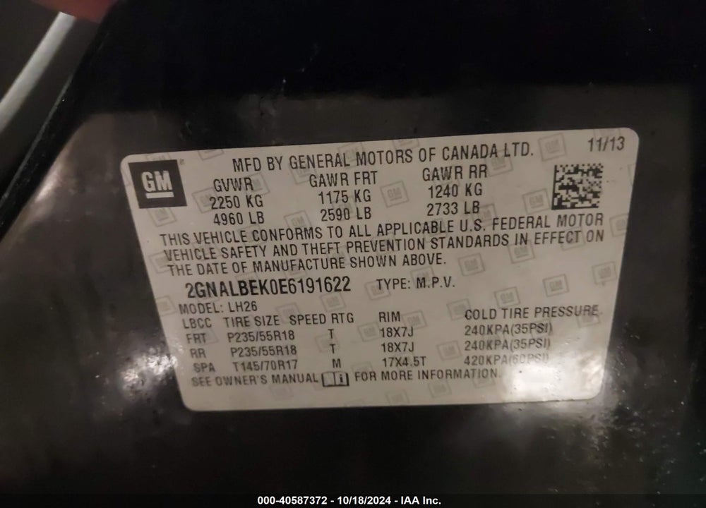 2014 CHEVROLET EQUINOX 1LT VIN: 2GNALBEK0E6191622
