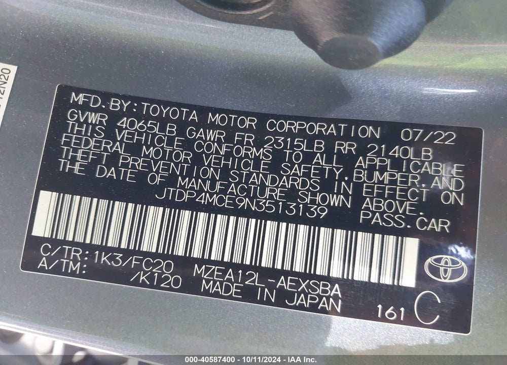 2022 TOYOTA COROLLA SE VIN: JTDP4MCE9N3513139