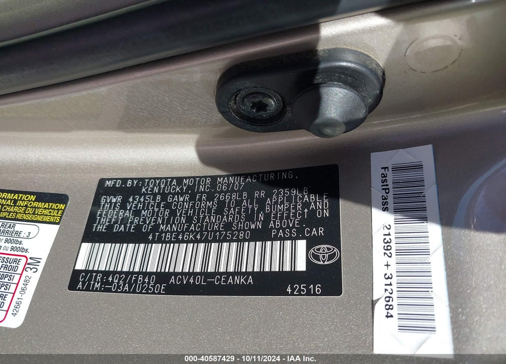 2007 TOYOTA CAMRY LE VIN: 4T1BE46K47U175280