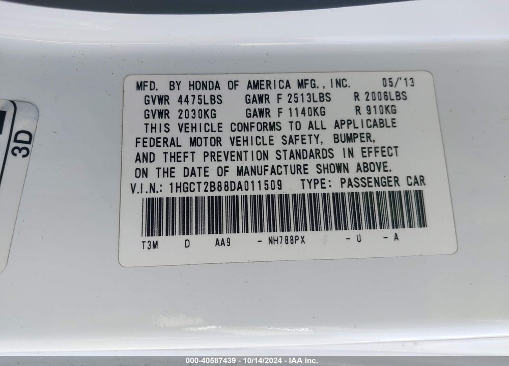 2013 HONDA ACCORD EX-L V-6 VIN: 1HGCT2B88DA011509