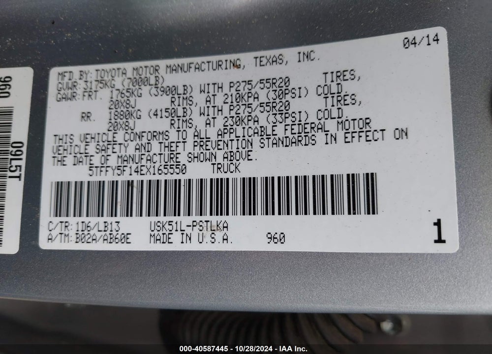 2014 TOYOTA TUNDRA LIMITED 5.7L V8 VIN: 5TFFY5F14EX165550