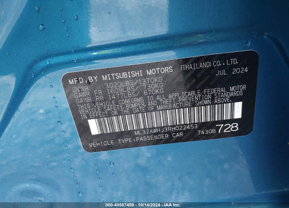2024 MITSUBISHI MIRAGE BLACK EDITION/RALLIART/SE VIN: ML32AWHJ3RH022453