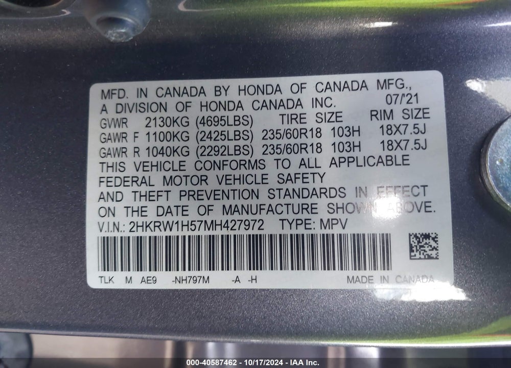 2021 HONDA CR-V 2WD EX VIN: 2HKRW1H57MH427972