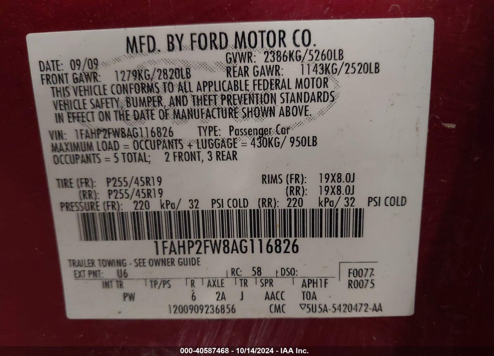 2010 FORD TAURUS LIMITED VIN: 1FAHP2FW8AG116826