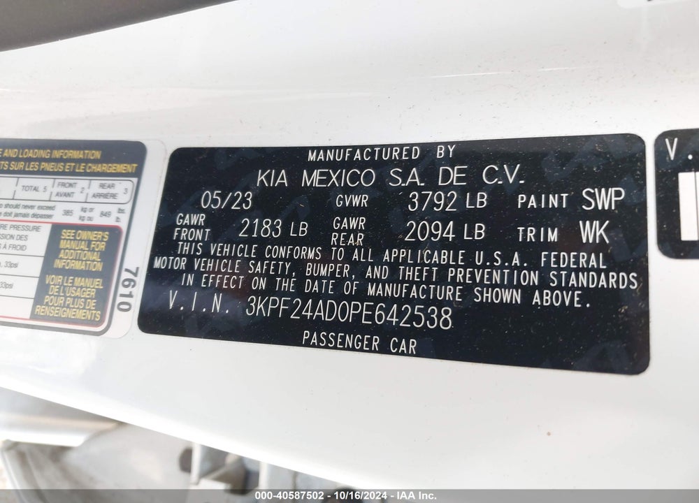 2023 KIA FORTE LXS VIN: 3KPF24AD0PE642538
