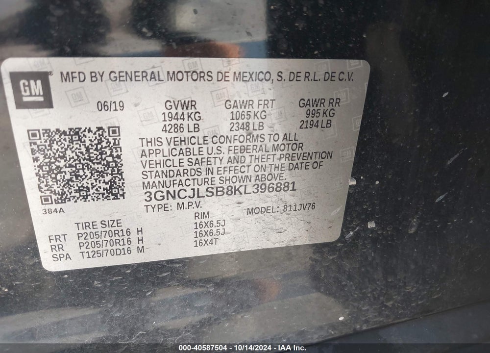 2019 CHEVROLET TRAX LT VIN: 3GNCJLSB8KL396881