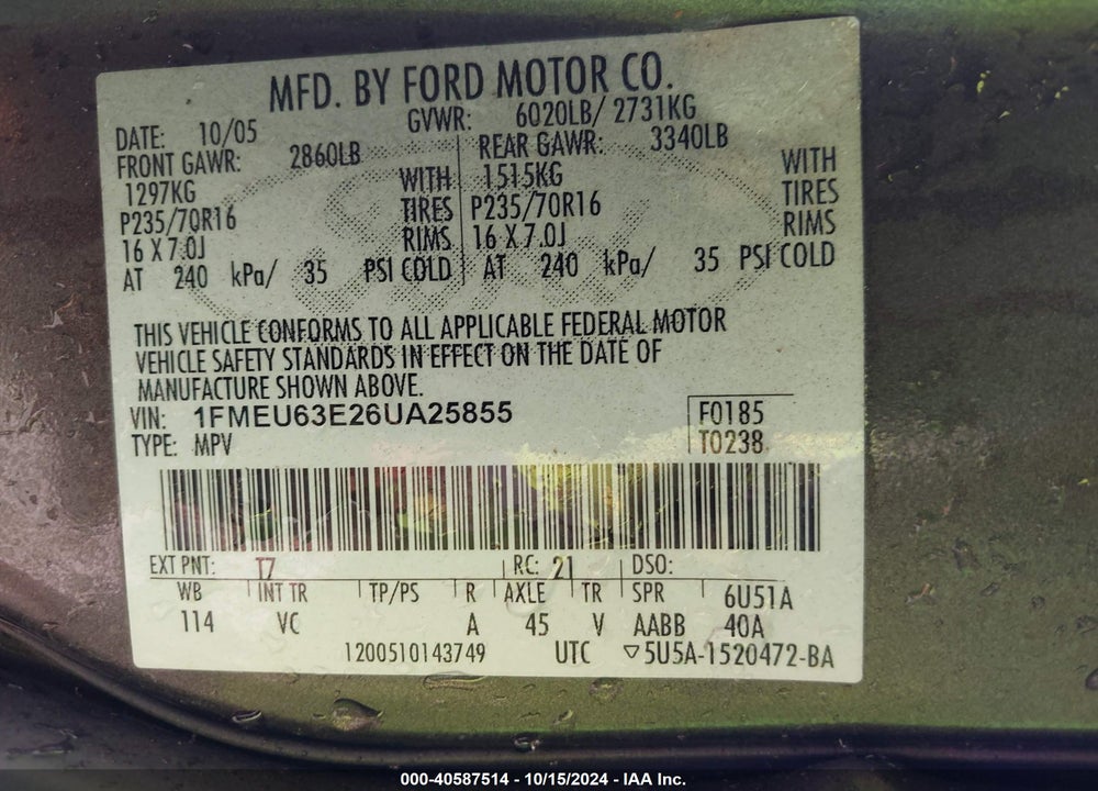 2006 FORD EXPLORER XLT VIN: 1FMEU63E26UA25855