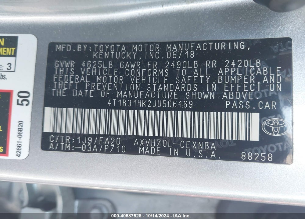 2018 TOYOTA CAMRY HYBRID LE VIN: 4T1B31HK2JU506169