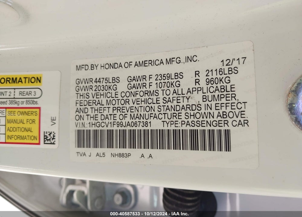 2018 HONDA ACCORD TOURING VIN: 1HGCV1F99JA067381