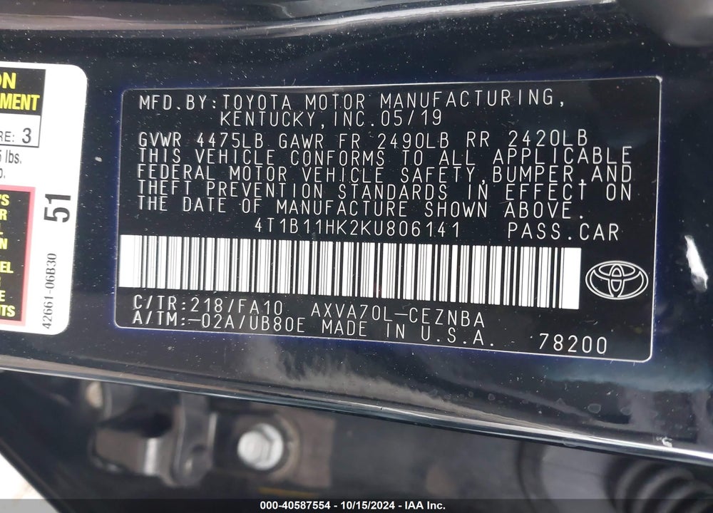 2019 TOYOTA CAMRY LE VIN: 4T1B11HK2KU806141