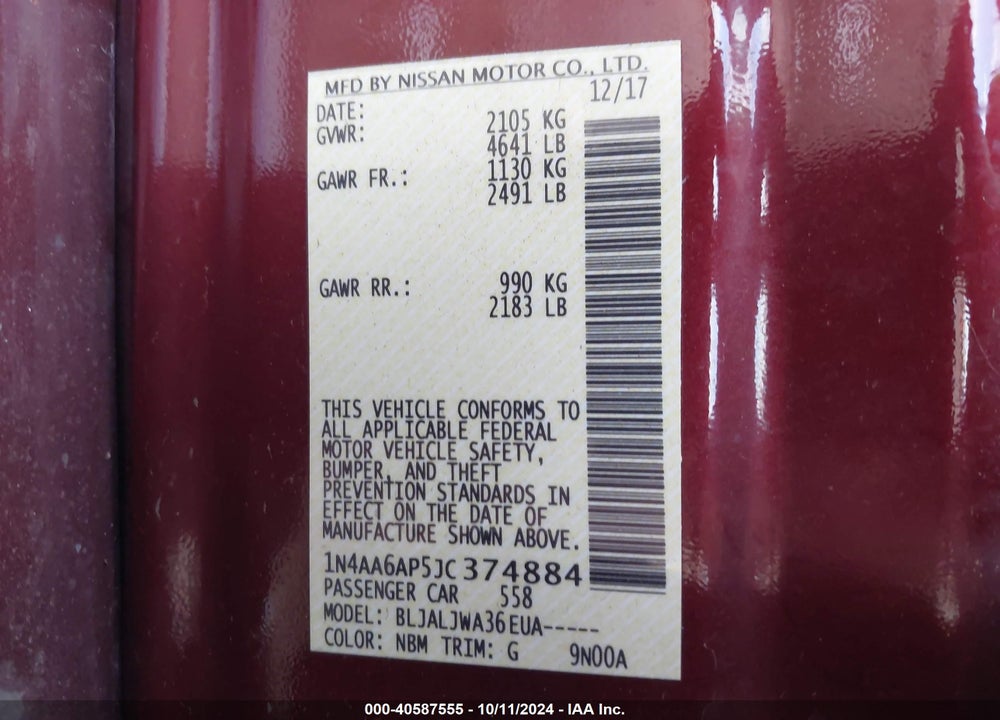 2018 NISSAN MAXIMA 3.5 SV VIN: 1N4AA6AP5JC374884