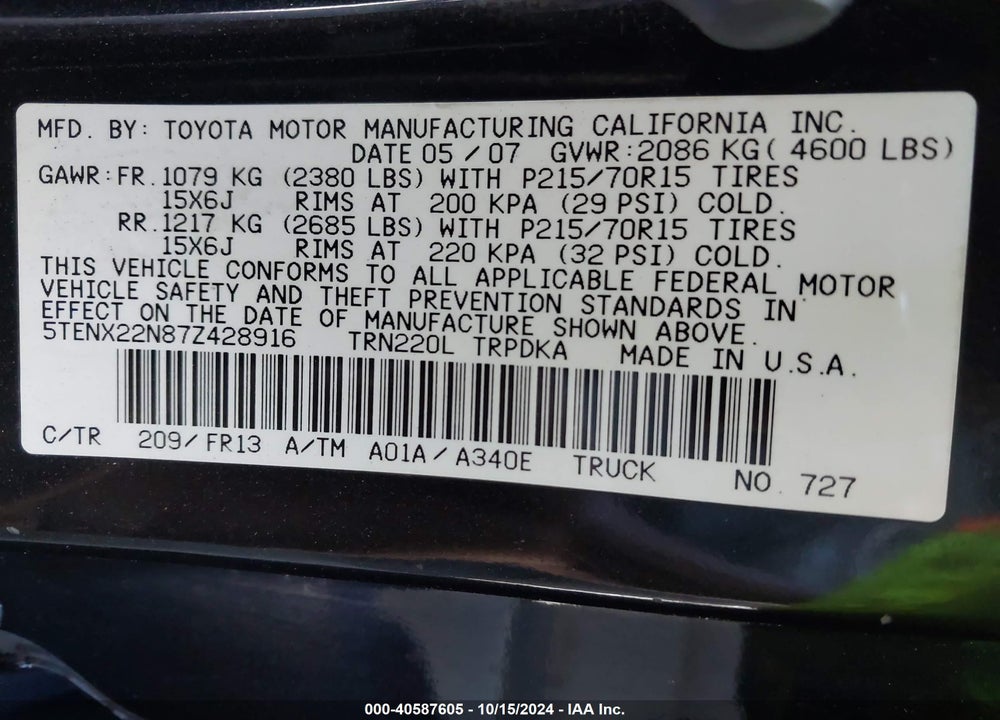 2007 TOYOTA TACOMA VIN: 5TENX22N87Z428916