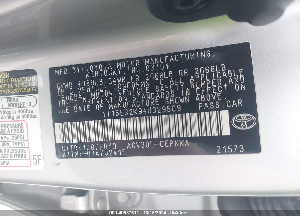 2004 TOYOTA CAMRY LE VIN: 4T1BE32K94U329509