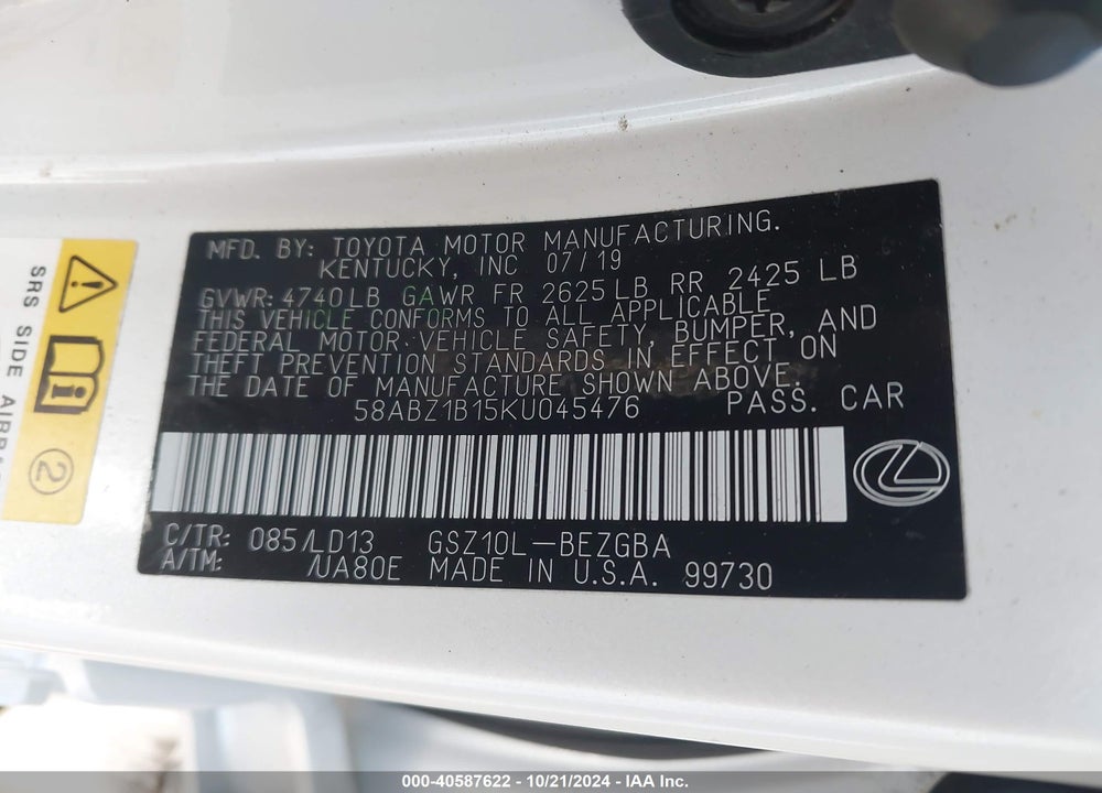 2019 LEXUS ES 350 VIN: 58ABZ1B15KU045476