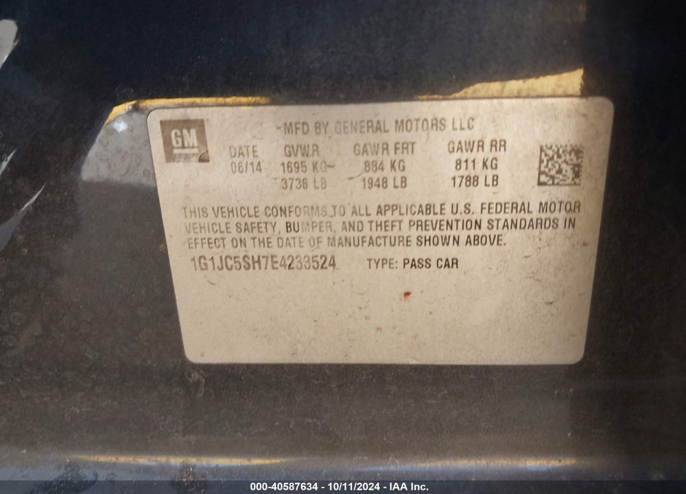 2014 CHEVROLET SONIC LT AUTO VIN: 1G1JC5SH7E4233524