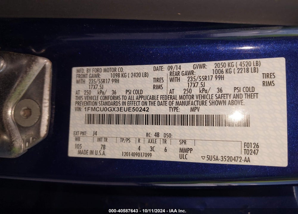2014 FORD ESCAPE SE VIN: 1FMCU0GX3EUE50242