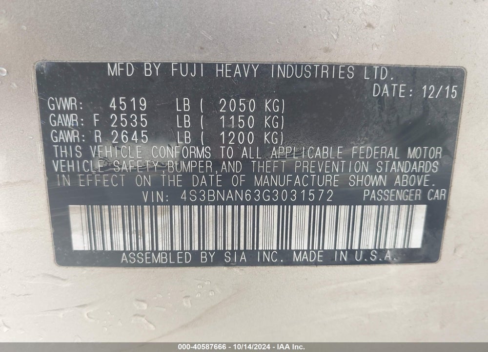 2016 SUBARU LEGACY 2.5I LIMITED VIN: 4S3BNAN63G3031572