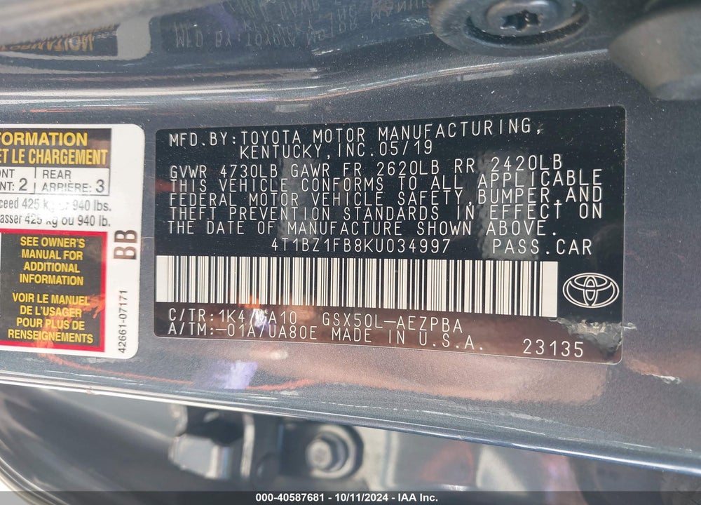 2019 TOYOTA AVALON LIMITED VIN: 4T1BZ1FB8KU034997