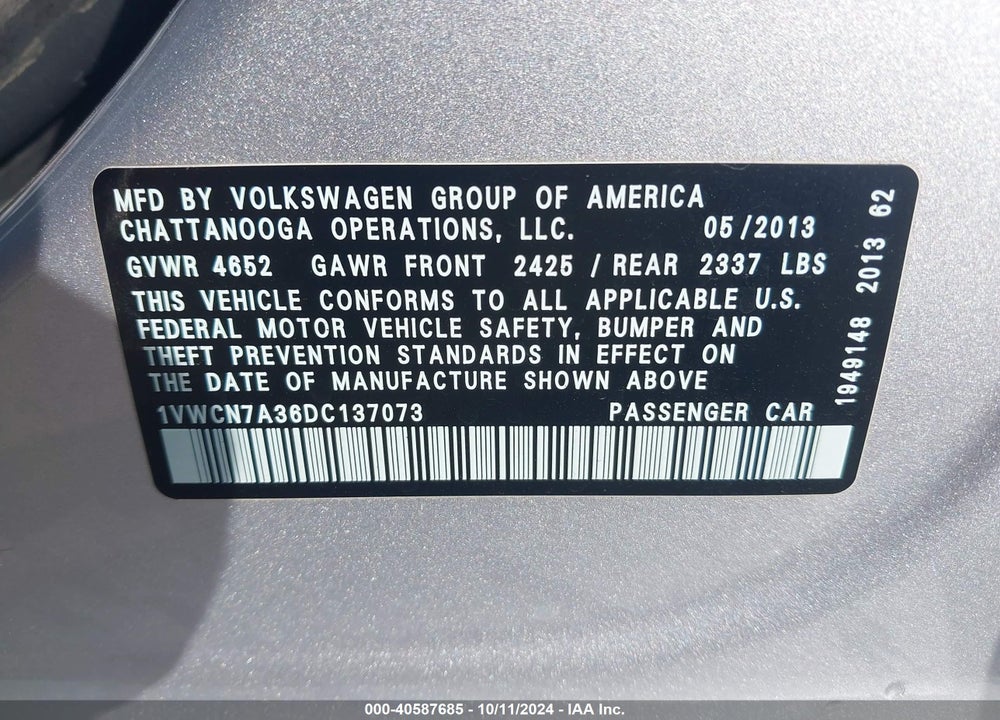 2013 VOLKSWAGEN PASSAT 2.0L TDI SEL PREMIUM VIN: 1VWCN7A36DC137073