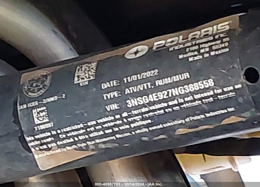 2022 POLARIS RZR TURBO R 4 SPORT VIN: 3NSG4E927NG388558