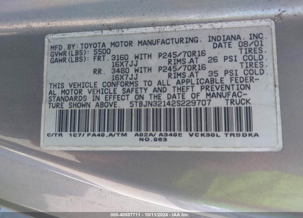 2002 TOYOTA TUNDRA VIN: 5TBJN32142S229707
