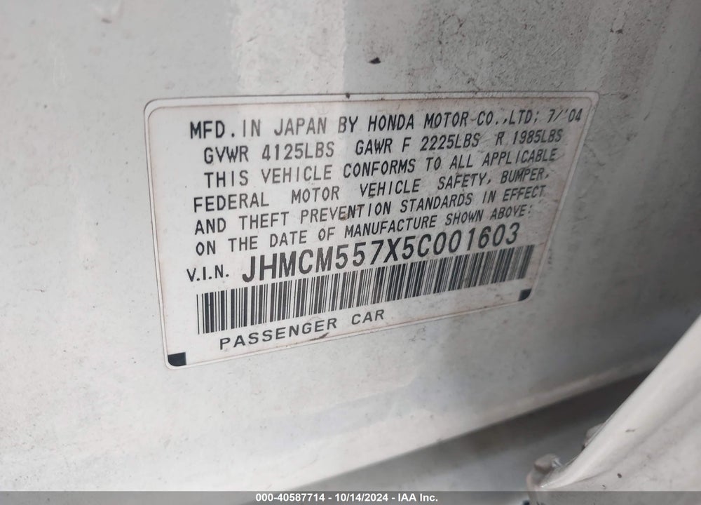 2005 HONDA ACCORD 2.4 EX VIN: JHMCM557X5C001603