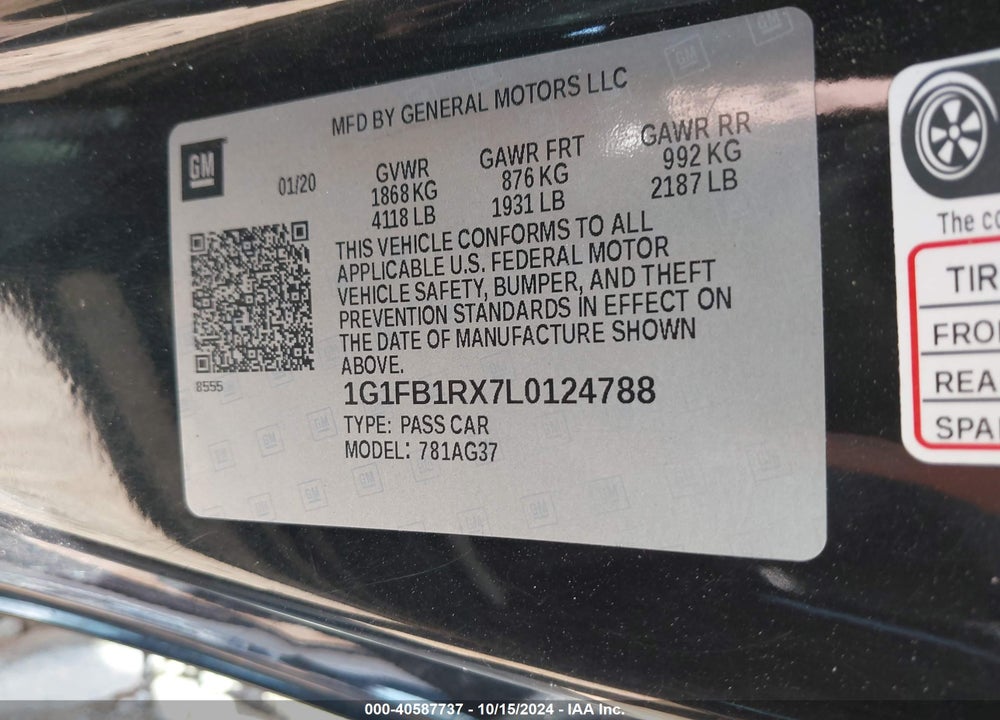 2020 CHEVROLET CAMARO RWD 1LT VIN: 1G1FB1RX7L0124788