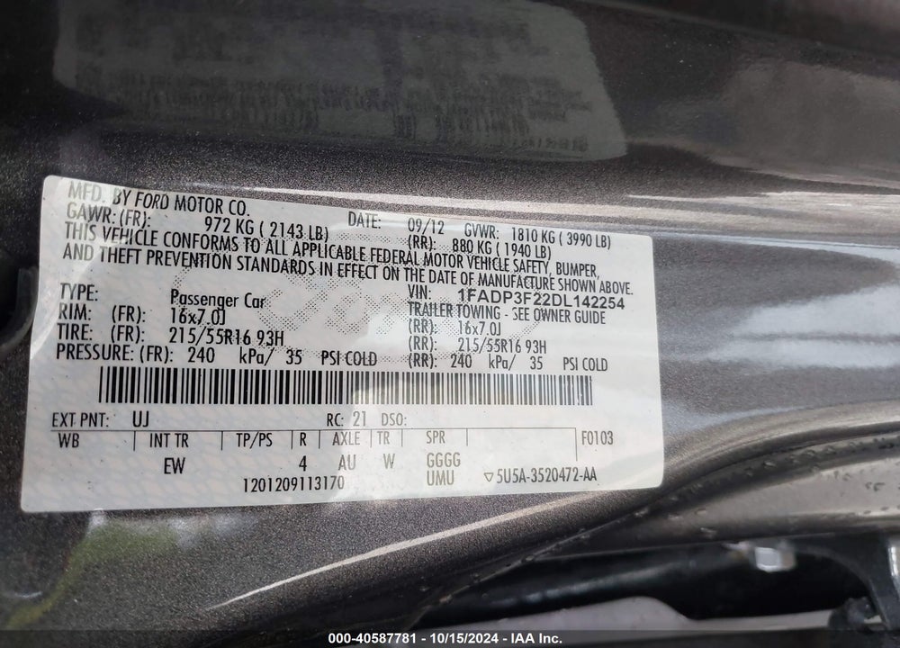 2013 FORD FOCUS SE VIN: 1FADP3F22DL142254