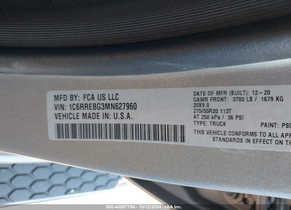 2021 RAM 1500 BIG HORN 4X2 6'4 BOX VIN: 1C6RREBG3MN627960