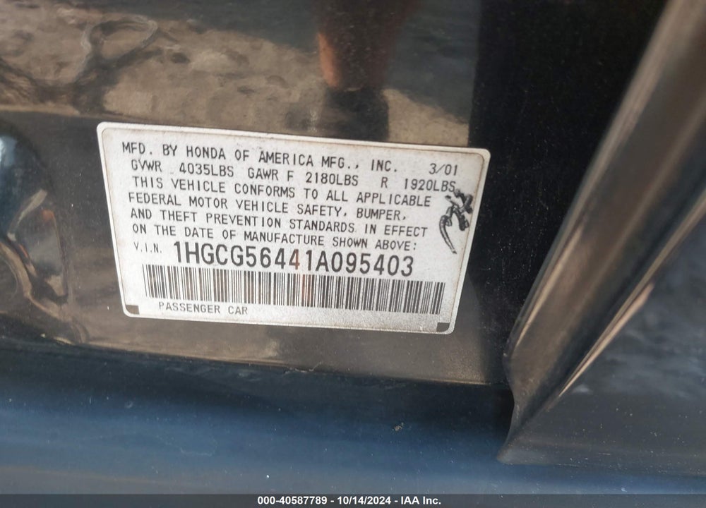 2001 HONDA ACCORD 2.3 LX VIN: 1HGCG56441A095403