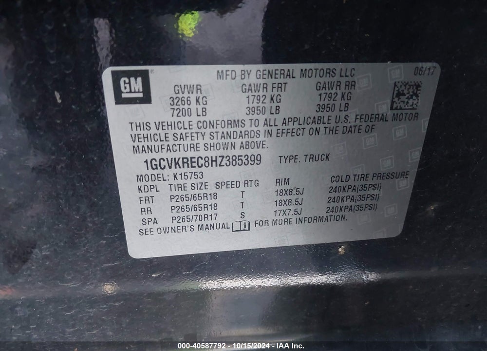2017 CHEVROLET SILVERADO 1500 2LT VIN: 1GCVKREC8HZ385399