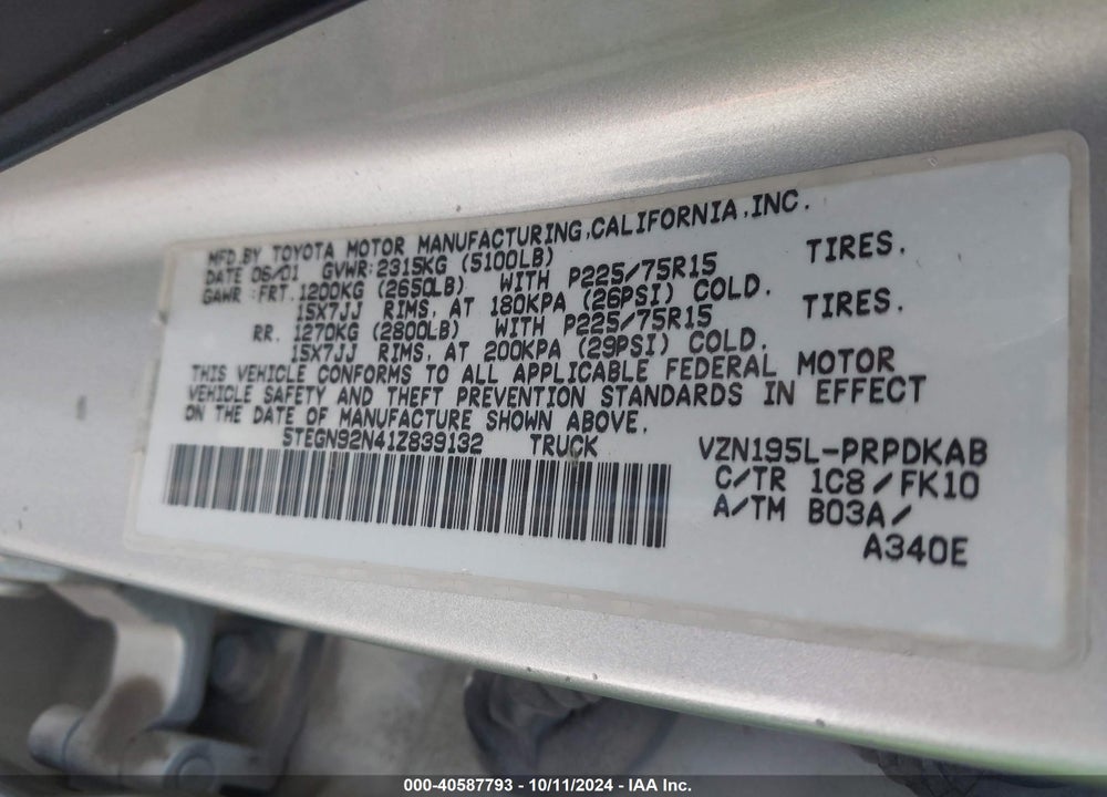 2001 TOYOTA TACOMA PRERUNNER V6 VIN: 5TEGN92N41Z839132