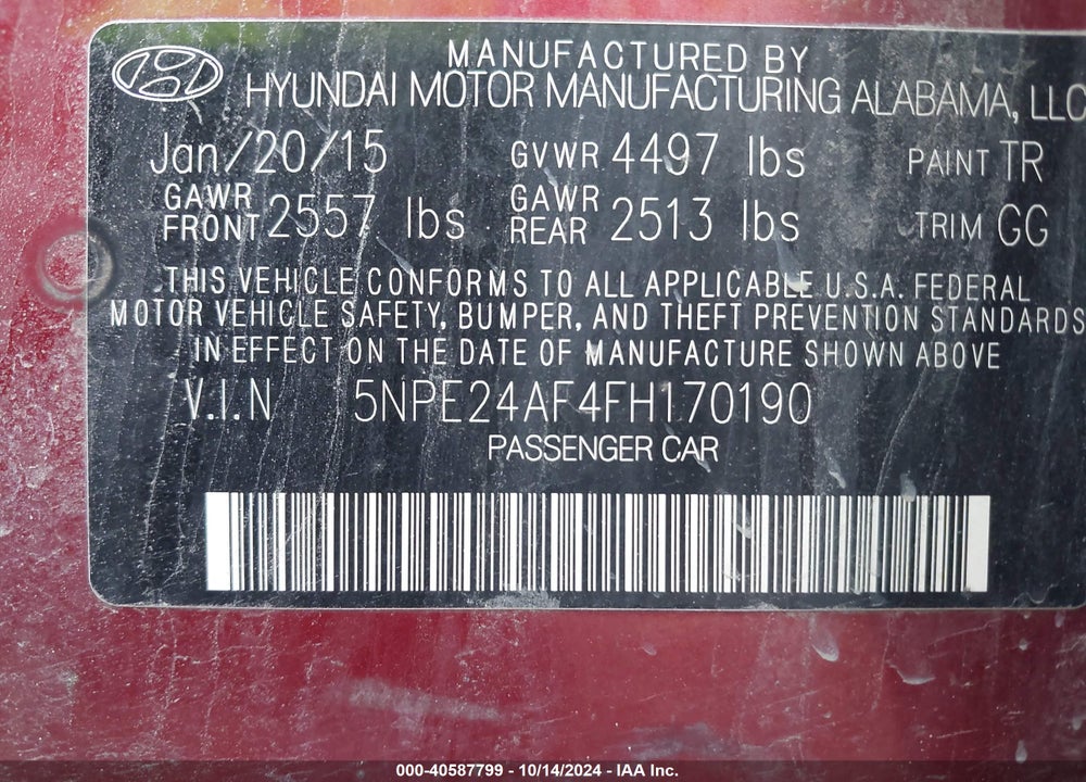 2015 HYUNDAI SONATA SE VIN: 5NPE24AF4FH170190