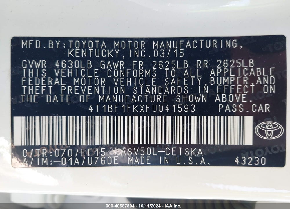 2015 TOYOTA CAMRY SE VIN: 4T1BF1FKXFU041593