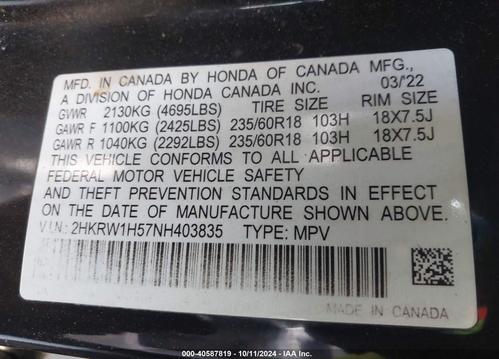 2022 HONDA CR-V 2WD EX VIN: 2HKRW1H57NH403835