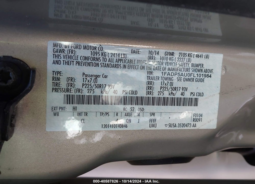 2015 FORD C-MAX HYBRID VIN: 1FADP5AU0FL101984