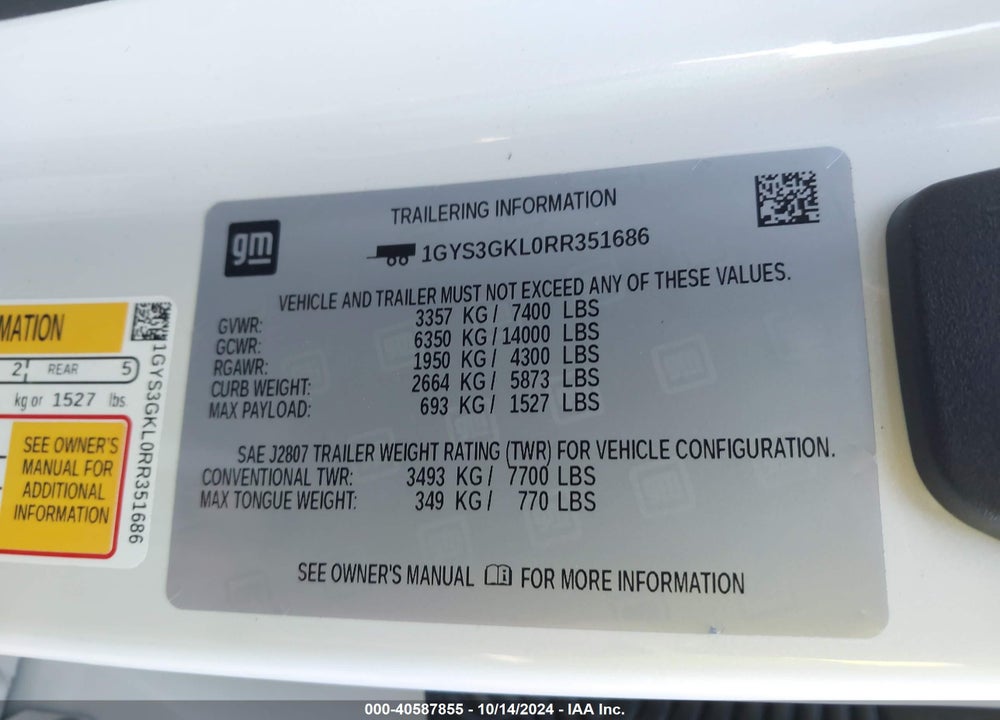 2024 CADILLAC ESCALADE VIN: 1GYS3GKL0RR351686