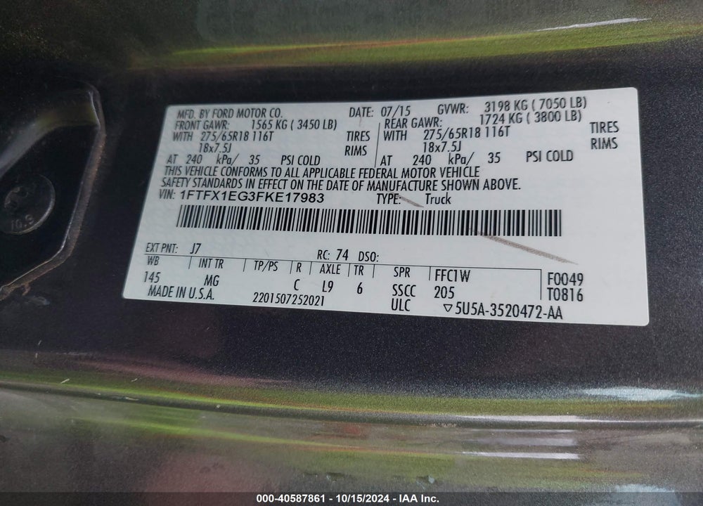 2015 FORD F-150 VIN: 1FTFX1EG3FKE17983
