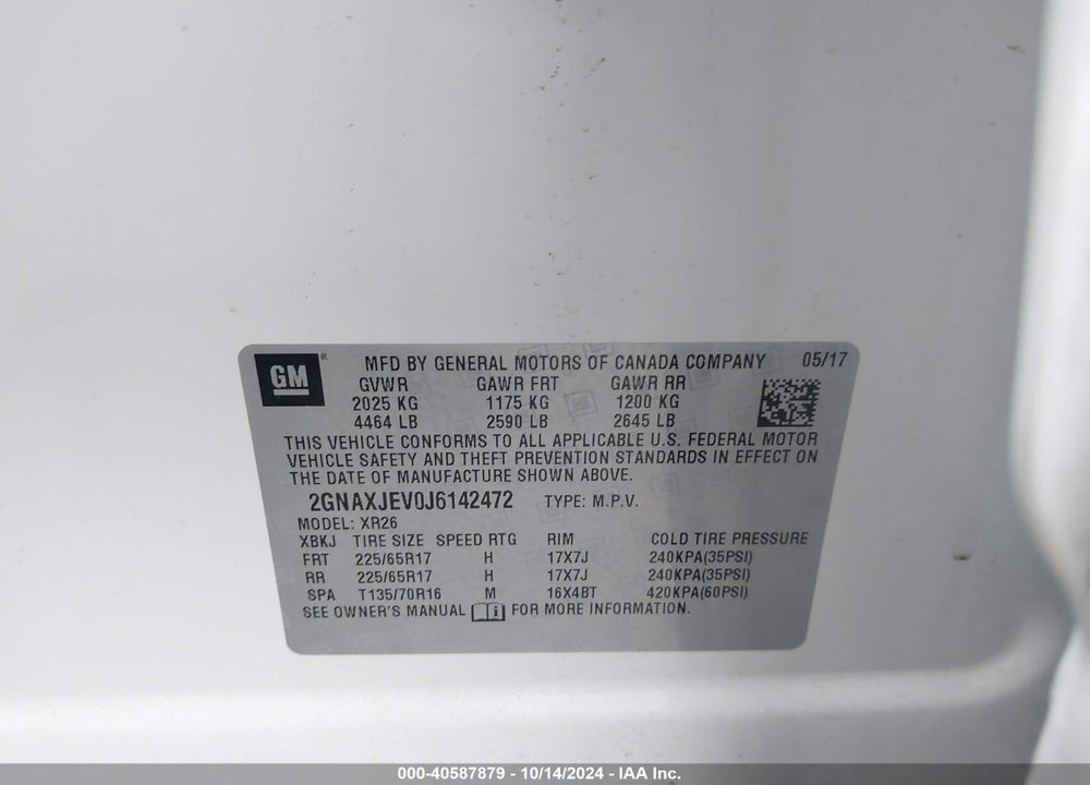 2018 CHEVROLET EQUINOX VIN: 2GNAXJEV0J6142472