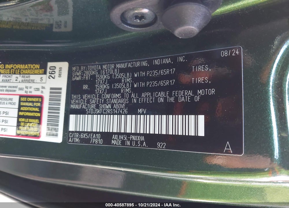 2024 TOYOTA SIENNA XLE VIN: 5TDJSKFC2RS147426