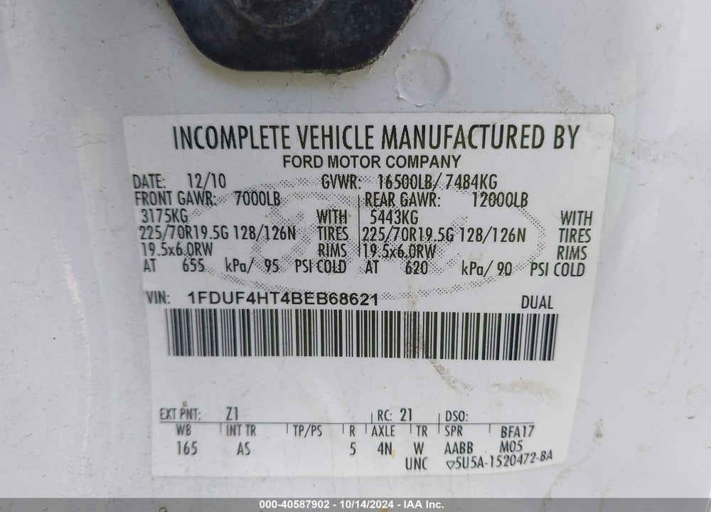 2011 FORD F-450 CHASSIS XL VIN: 1FDUF4HT4BEB68621